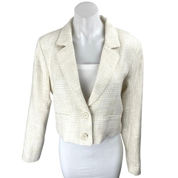 Abercrombie & Fitch Cream White Tweed Collar Long Sleeve Crop Blazer Jacket Sz M - Picture 1 of 4